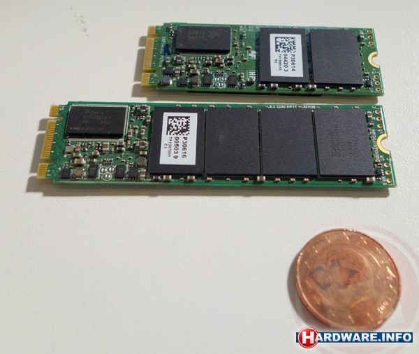 De Plextor M.2 SSD's naast een (euro)stuiver.