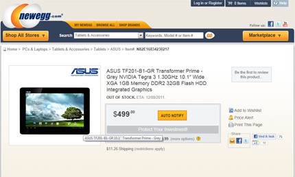 ASUS transformer prime verkoopdatum Newegg