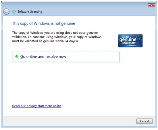 De non-genuine melding zoals die eruit ziet in Vista