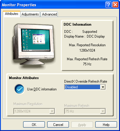 ATI geavanceerde beeldscherminstellingen - Monitor Properties / Attributes