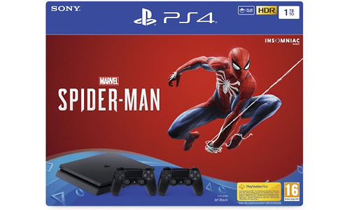 Sony PlayStation 4 Slim 1TB Black + 2 Dual Shock Controllers + Spider-Man